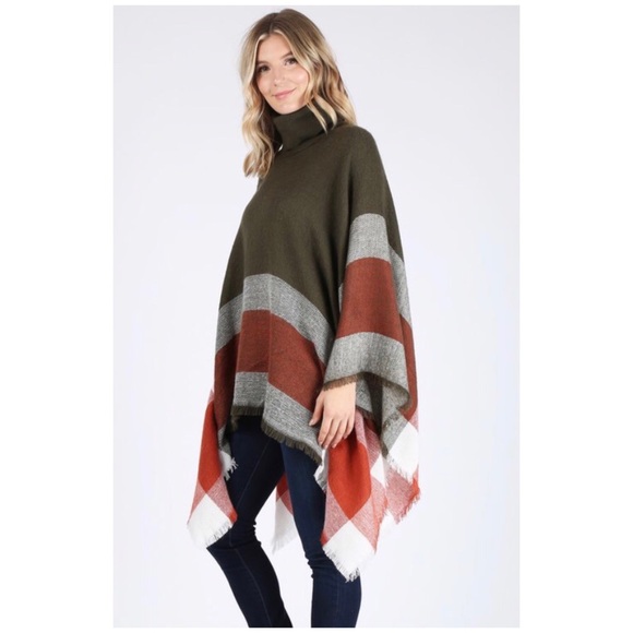 SOLD OUT Olive Rust Frayed Trim Turtleneck Poncho Sweater - Picture 2 of 4
